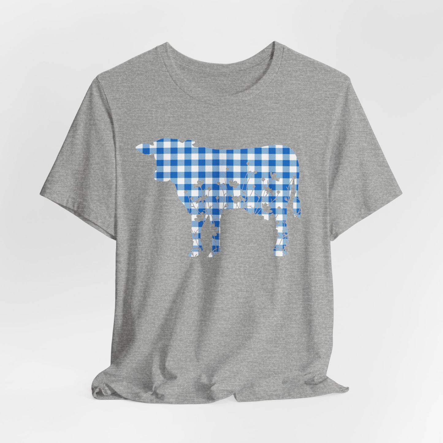 Cow with Floral Blue Gingham Unisex Tee, Country Farm Animal Graphic Shirt, Cute Spring Summer Top, Men Women Tshirt, Casual Wear, Gift for