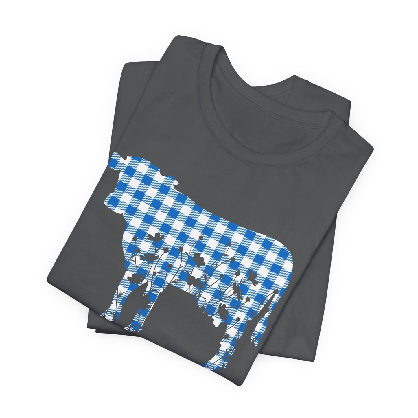 Cow with Floral Blue Gingham Unisex Tee, Country Farm Animal Graphic Shirt, Cute Spring Summer Top, Men Women Tshirt, Casual Wear, Gift for