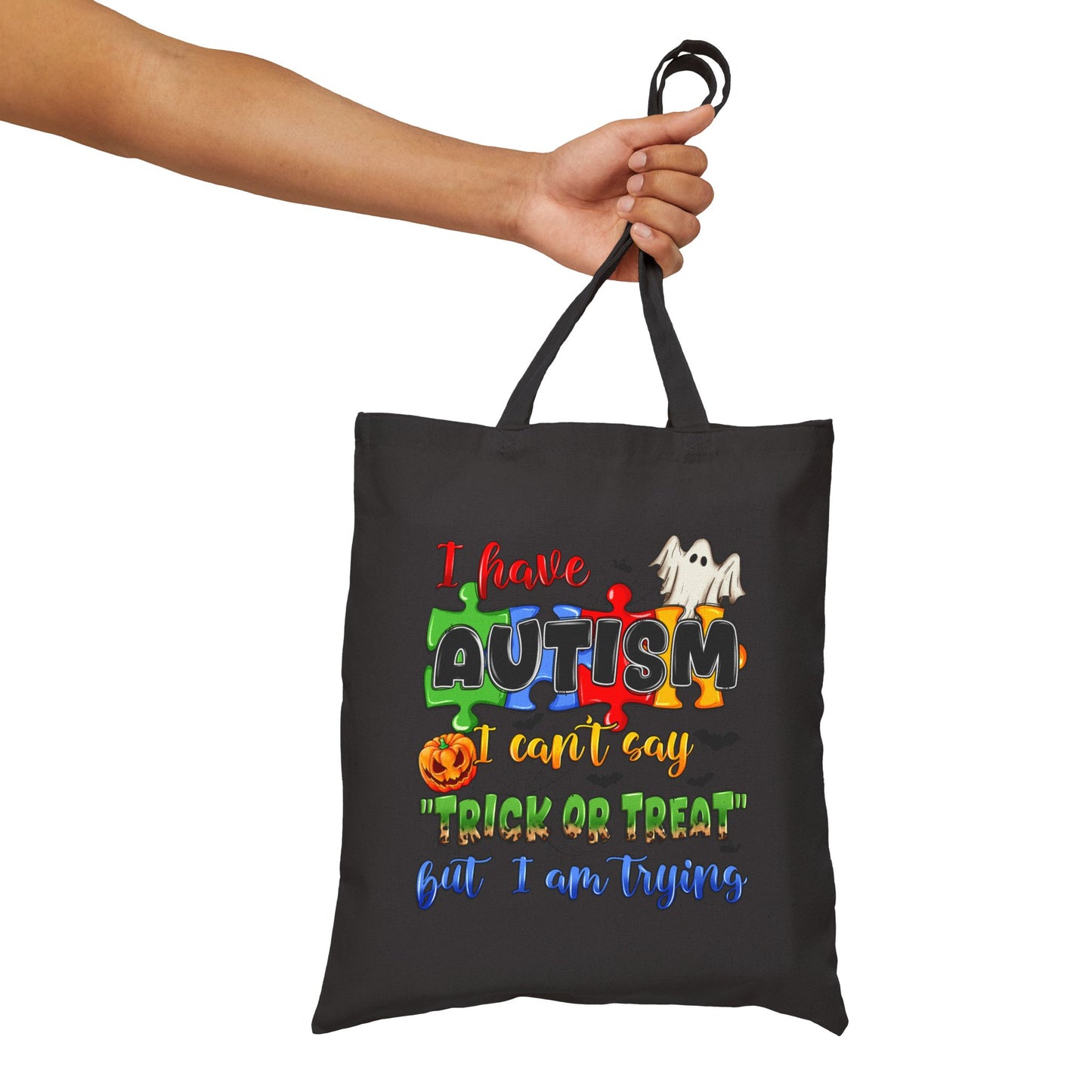 Halloween Trick or Treat Autism Awareness Cotton Canvas Tote Bag - Reusable Eco-Friendly Shopping Bag, Halloween, Autism Support Bag,