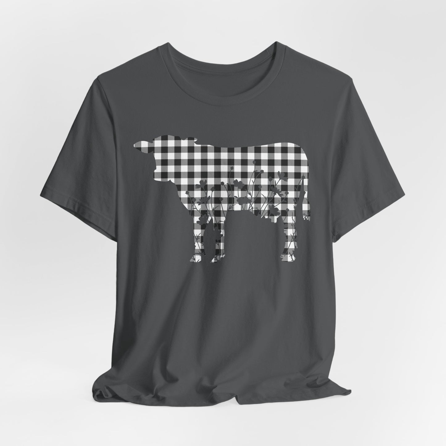 Cow Floral Black Gingham Unisex Tee, Cow Lover Gift, Farmhouse Shirt, Country Style Top, Floral Animal Print Shirt, Farm Life Tee