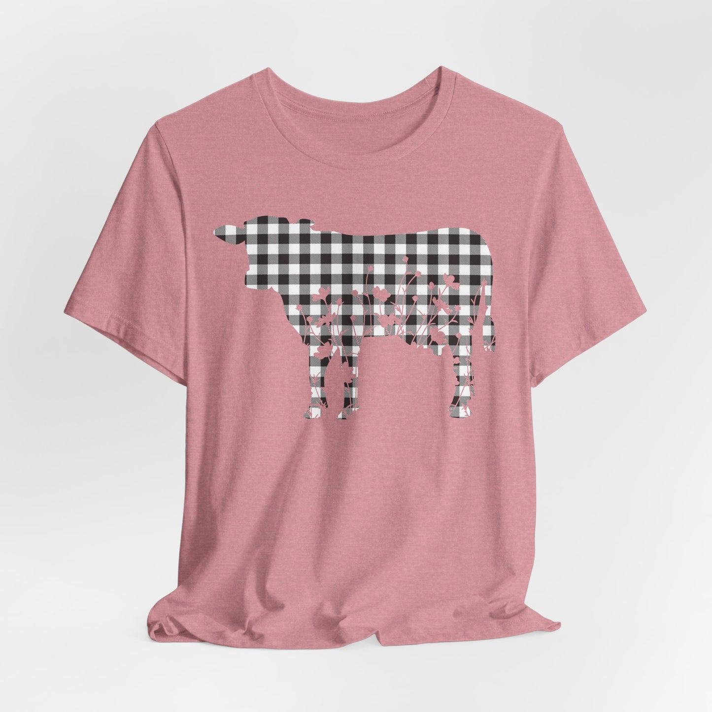 Cow Floral Black Gingham Unisex Tee, Cow Lover Gift, Farmhouse Shirt, Country Style Top, Floral Animal Print Shirt, Farm Life Tee