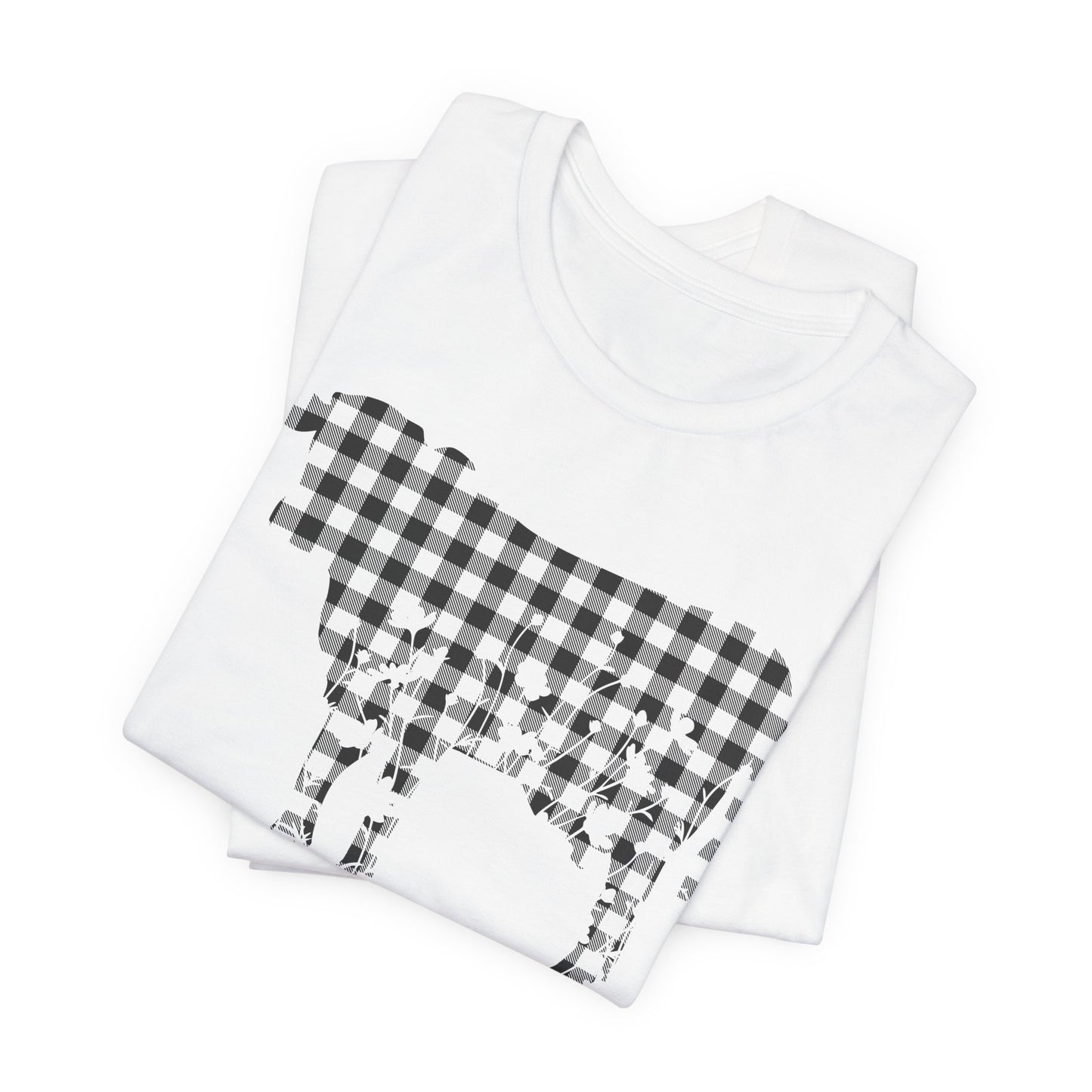 Cow Floral Black Gingham Unisex Tee, Cow Lover Gift, Farmhouse Shirt, Country Style Top, Floral Animal Print Shirt, Farm Life Tee