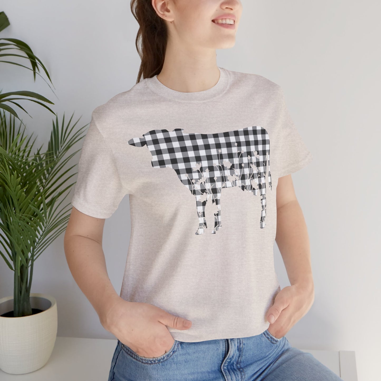 Cow Floral Black Gingham Unisex Tee, Cow Lover Gift, Farmhouse Shirt, Country Style Top, Floral Animal Print Shirt, Farm Life Tee