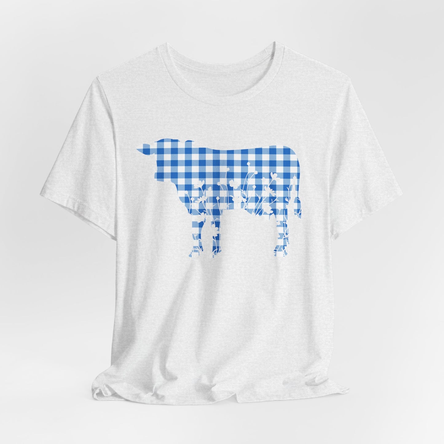 Cow with Floral Blue Gingham Unisex Tee, Country Farm Animal Graphic Shirt, Cute Spring Summer Top, Men Women Tshirt, Casual Wear, Gift for