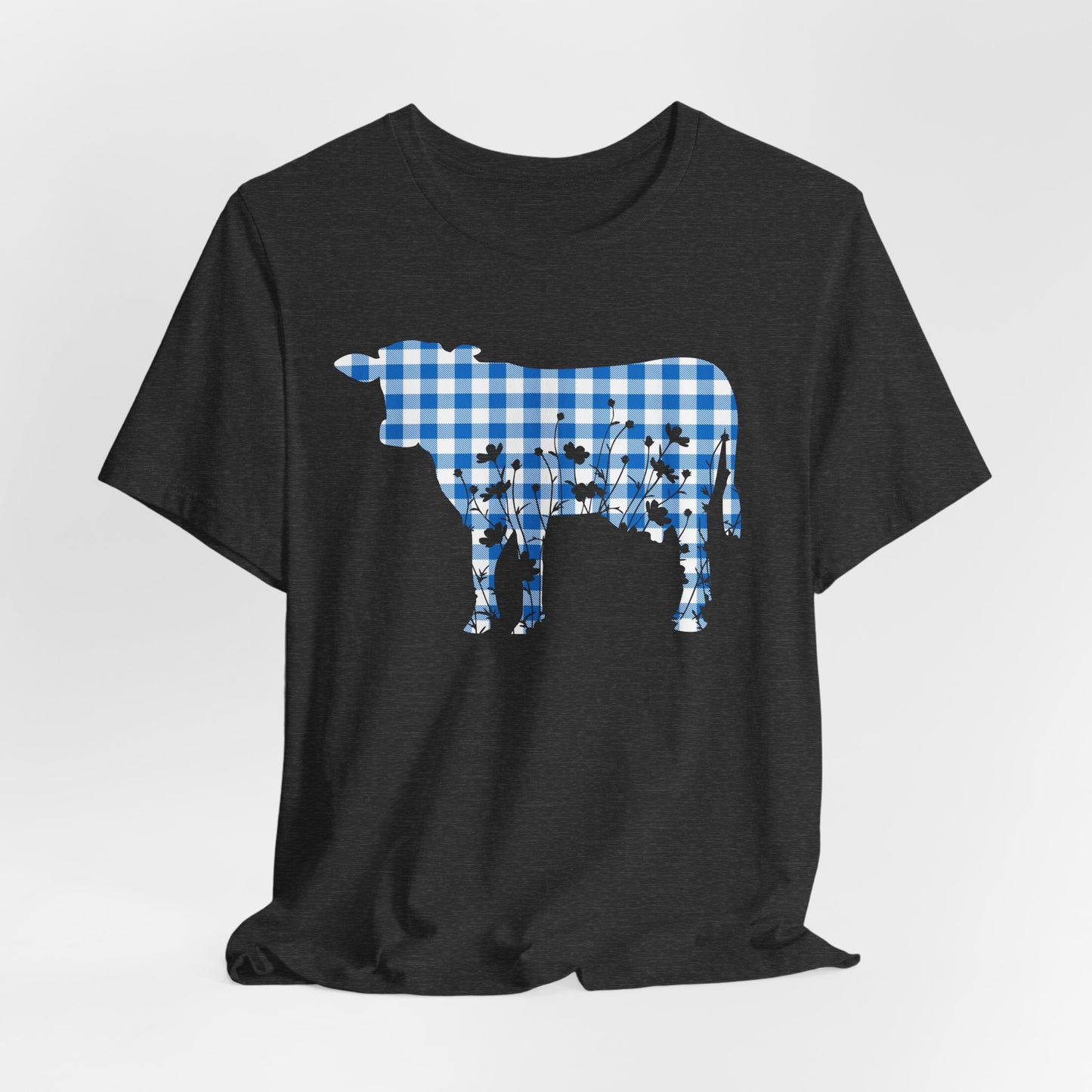 Cow with Floral Blue Gingham Unisex Tee, Country Farm Animal Graphic Shirt, Cute Spring Summer Top, Men Women Tshirt, Casual Wear, Gift for