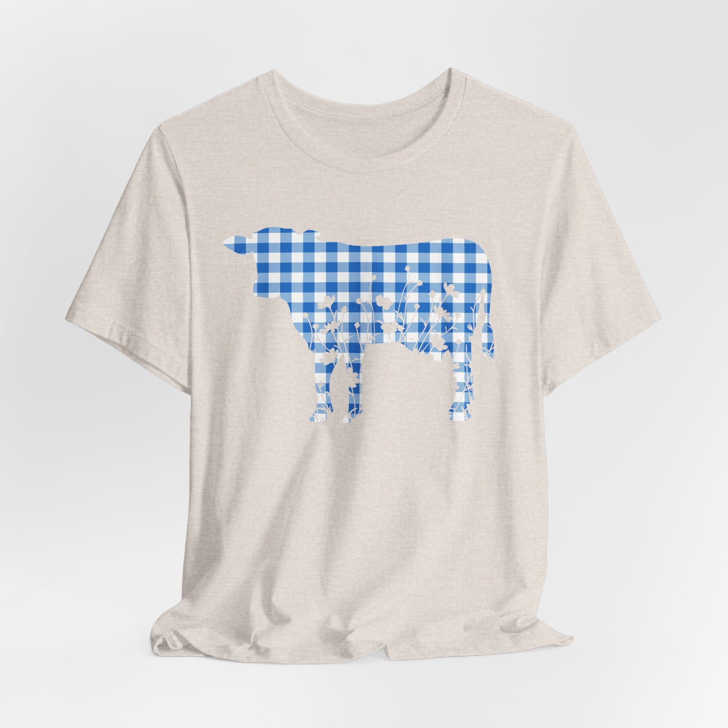 Cow with Floral Blue Gingham Unisex Tee, Country Farm Animal Graphic Shirt, Cute Spring Summer Top, Men Women Tshirt, Casual Wear, Gift for