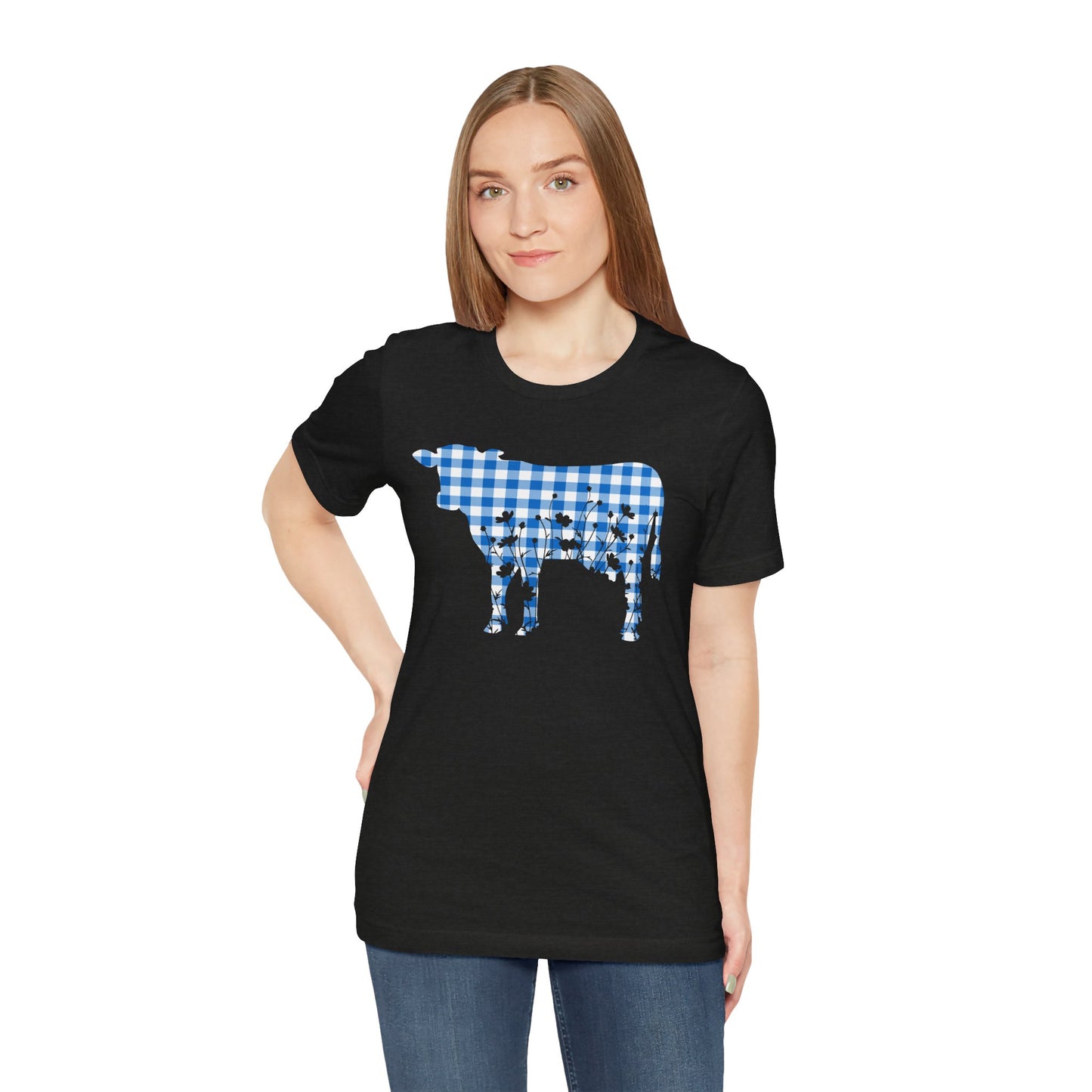 Cow with Floral Blue Gingham Unisex Tee, Country Farm Animal Graphic Shirt, Cute Spring Summer Top, Men Women Tshirt, Casual Wear, Gift for