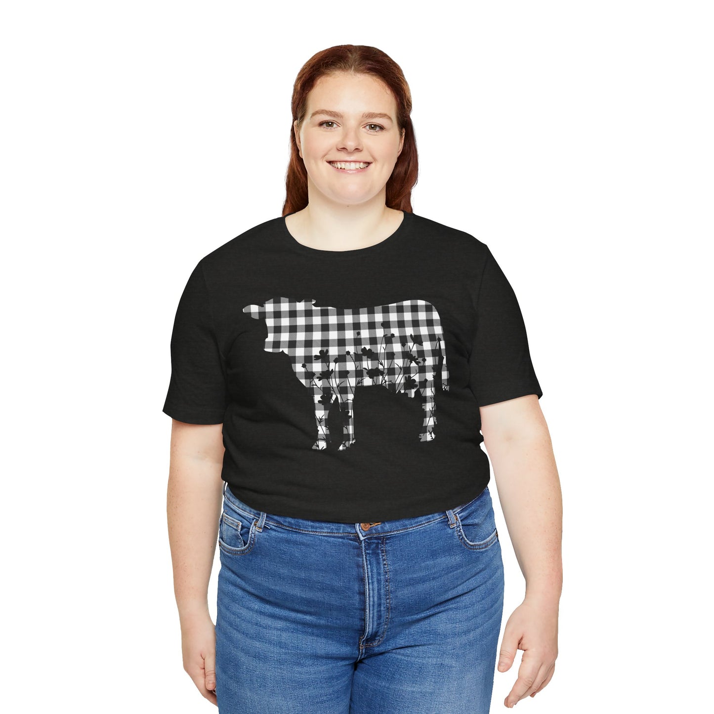 Cow Floral Black Gingham Unisex Tee, Cow Lover Gift, Farmhouse Shirt, Country Style Top, Floral Animal Print Shirt, Farm Life Tee