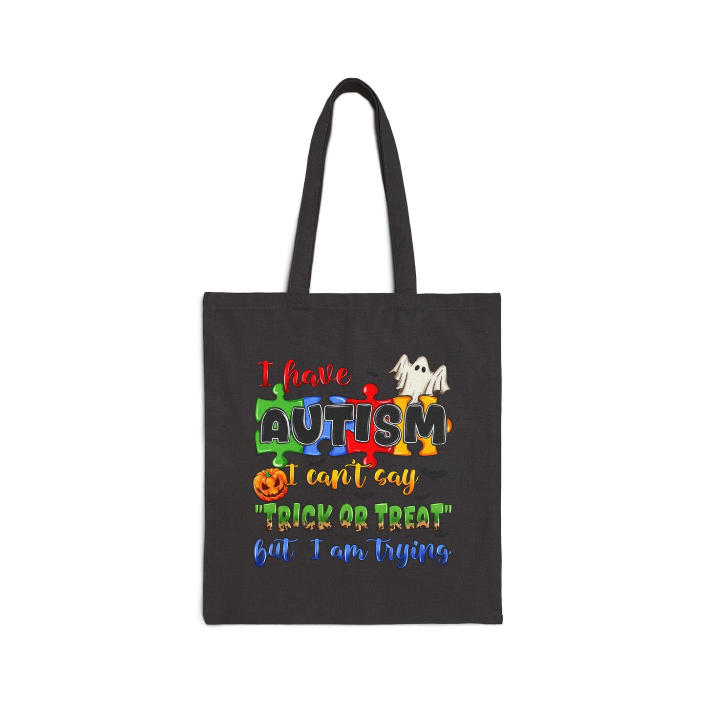Halloween Trick or Treat Autism Awareness Cotton Canvas Tote Bag - Reusable Eco-Friendly Shopping Bag, Halloween, Autism Support Bag,