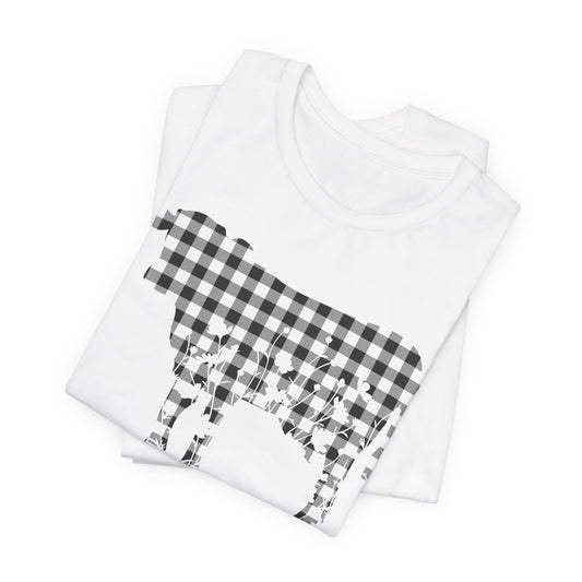 Cow Floral Black Gingham Unisex Tee, Cow Lover Gift, Farmhouse Shirt, Country Style Top, Floral Animal Print Shirt, Farm Life Tee