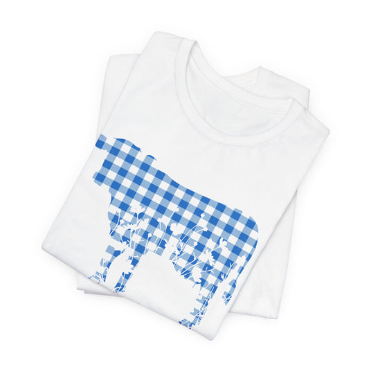 Cow with Floral Blue Gingham Unisex Tee, Country Farm Animal Graphic Shirt, Cute Spring Summer Top, Men Women Tshirt, Casual Wear, Gift for