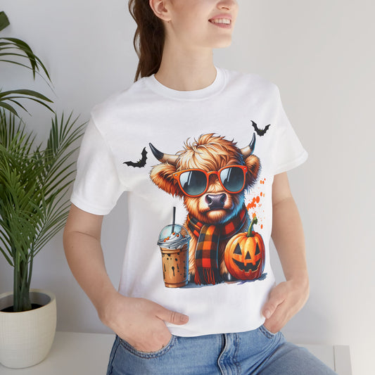 Highland Cow Scarf Coffee Tee, Cute Cow Lover Shirt, Funny Farm Animal Top, Cow Appreciation Gift, Casual Cow Graphic T-Shirt