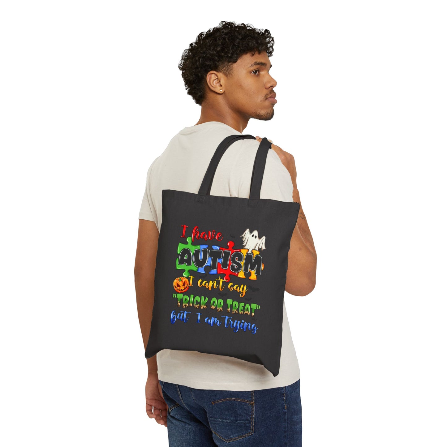 Halloween Trick or Treat Autism Awareness Cotton Canvas Tote Bag - Reusable Eco-Friendly Shopping Bag, Halloween, Autism Support Bag,