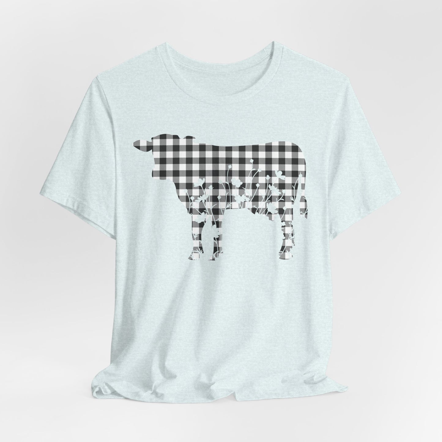 Cow Floral Black Gingham Unisex Tee, Cow Lover Gift, Farmhouse Shirt, Country Style Top, Floral Animal Print Shirt, Farm Life Tee